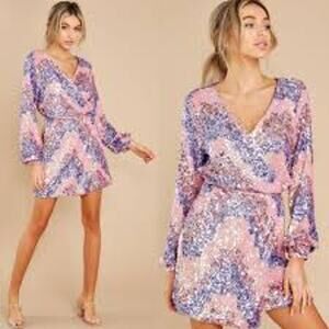 Aura Sequins Dress Womens Medium Wrap Pink Formal Mini Party Dress Long Sleeve